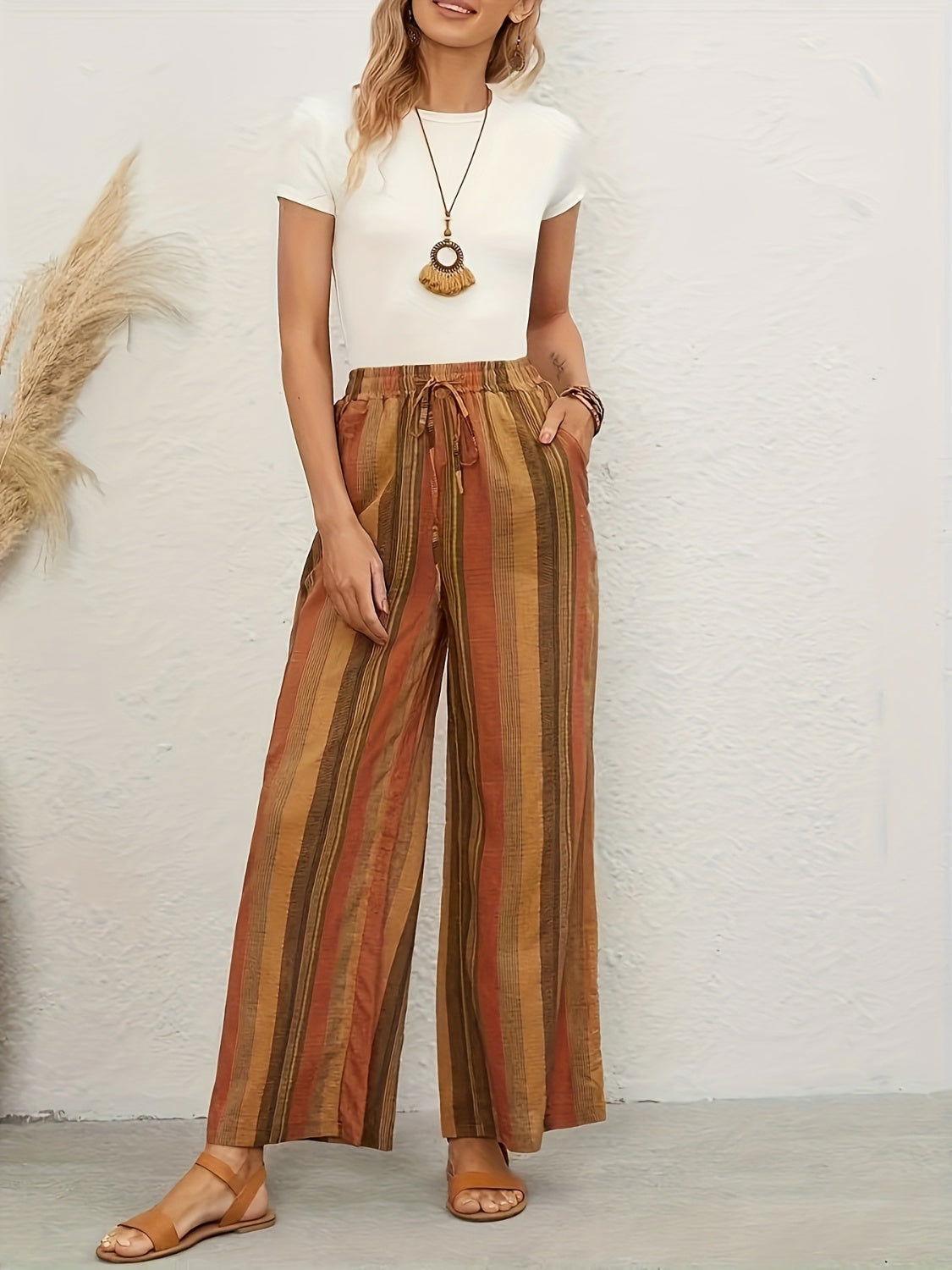 Full Size Drawstring Striped Wide Leg Pants - Clothes For Her Online Store