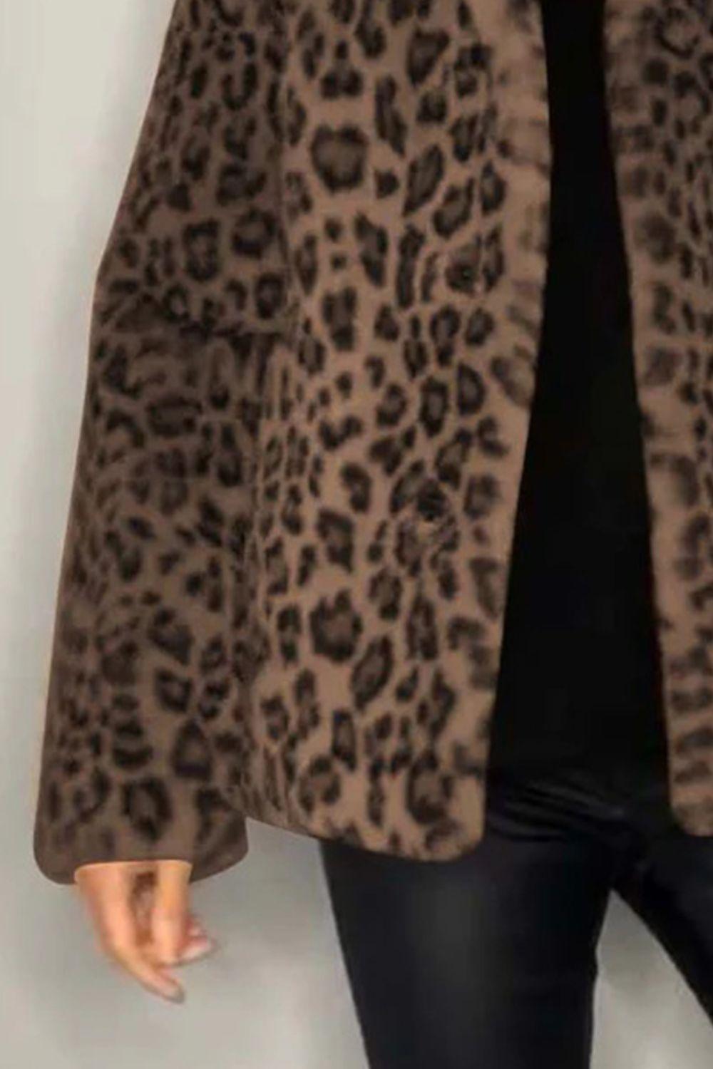 Full Size Leopard Furry Collared Neck Long Sleeve Coat - Clothes For Her Online Store