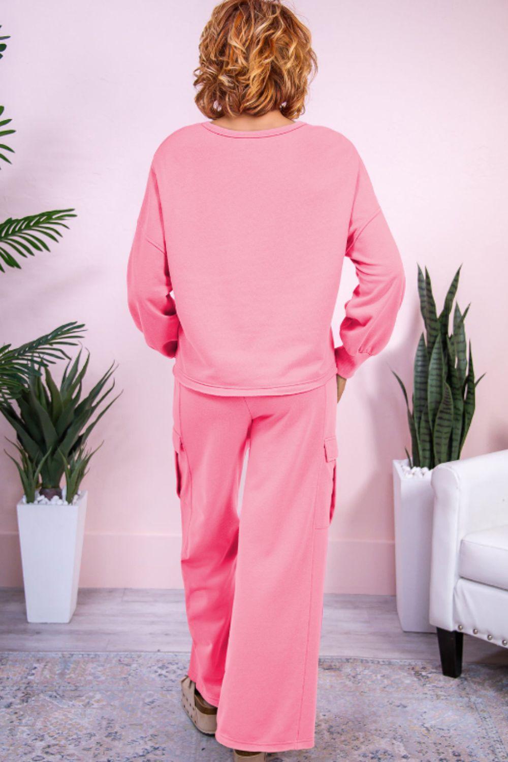 Full Size Round Neck Long Sleeve Top and Drawstring Pants Set - Clothes For Her Online Store