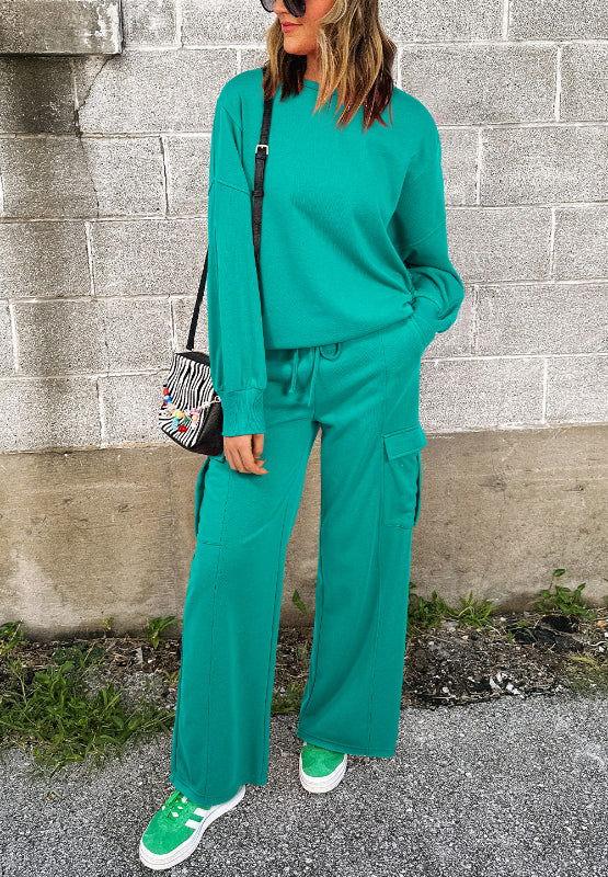 Full Size Round Neck Long Sleeve Top and Drawstring Pants Set - Clothes For Her Online Store