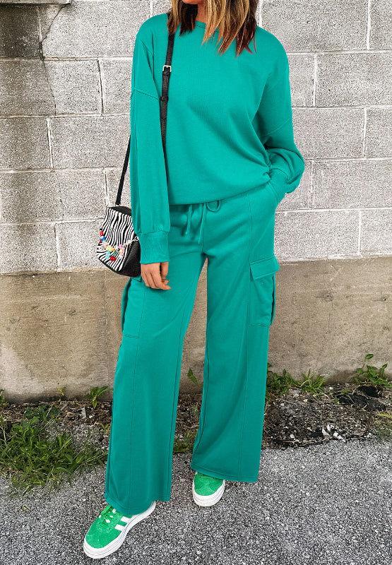 Full Size Round Neck Long Sleeve Top and Drawstring Pants Set - Clothes For Her Online Store