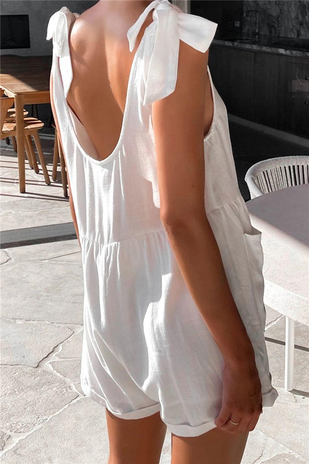 Full Size Scoop Neck Tie Shoulder Romper - Clothes For Her Online Store