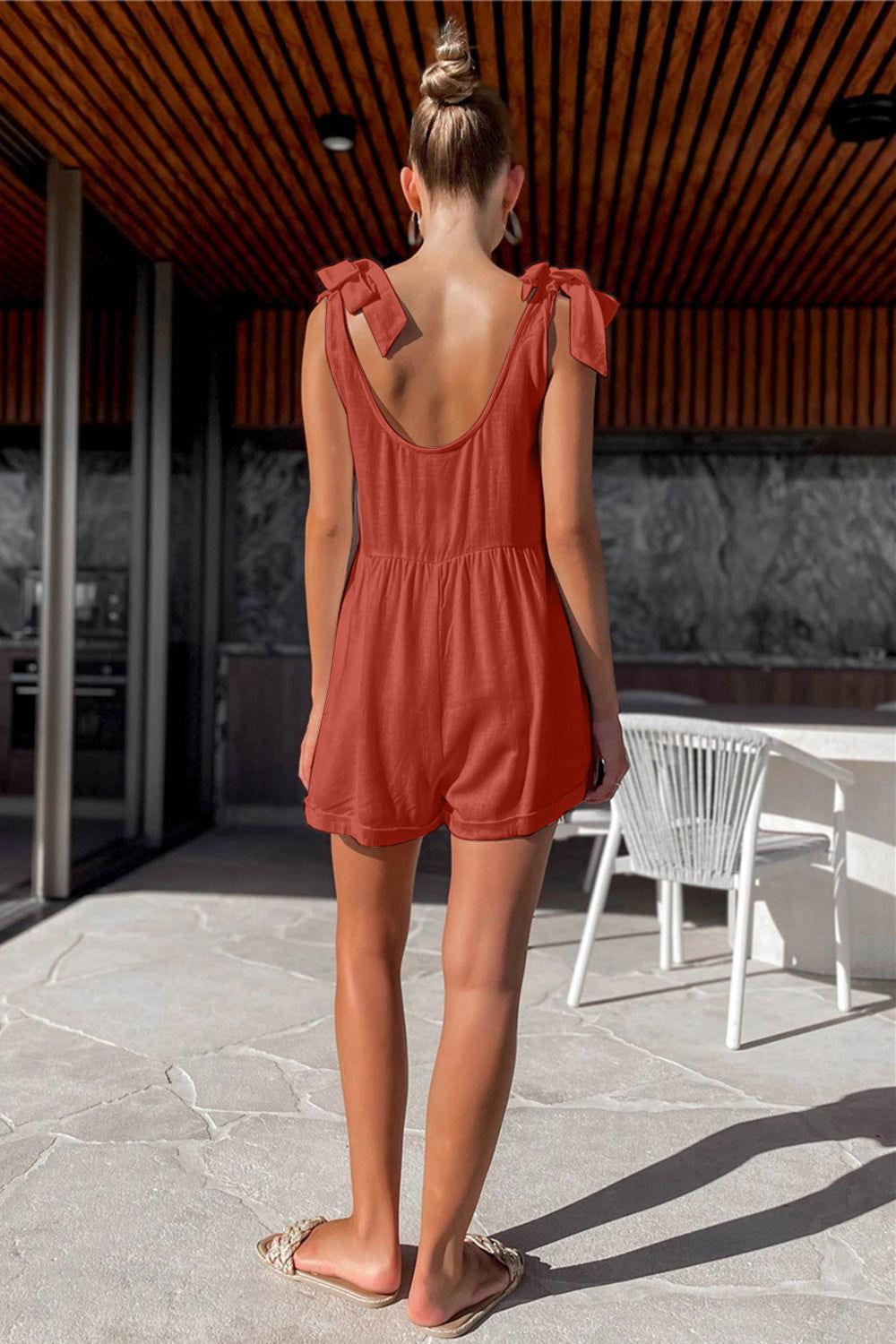 Full Size Scoop Neck Tie Shoulder Romper - Clothes For Her Online Store