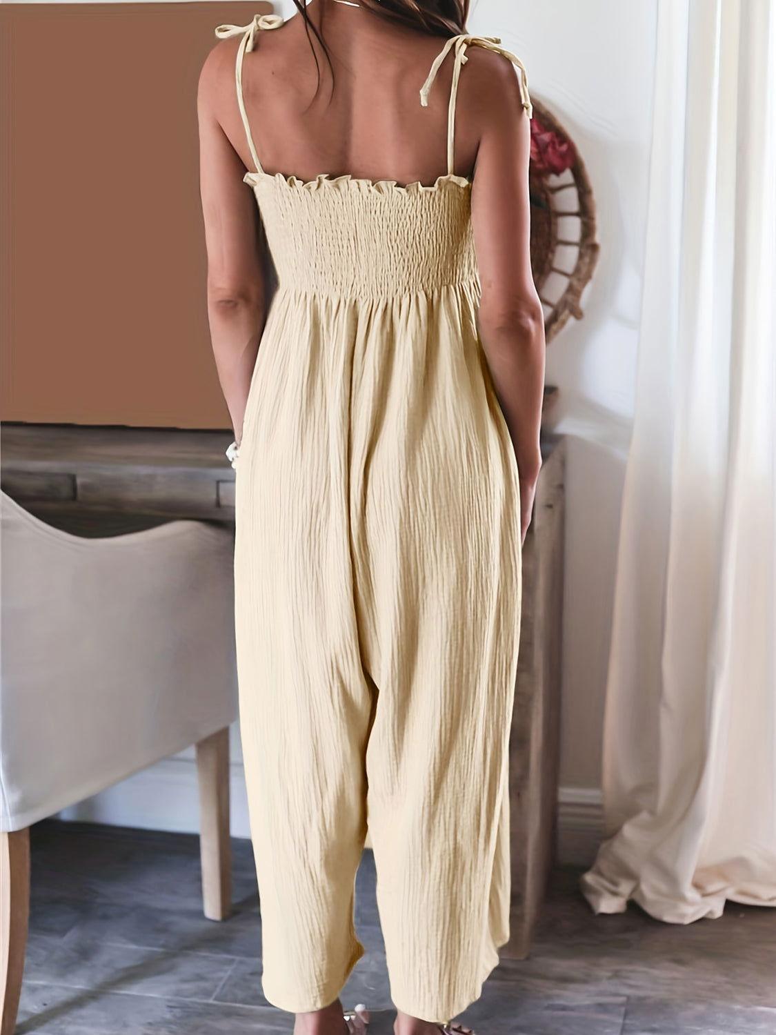 Full Size Smocked Spaghetti Strap Wide Leg Jumpsuit - Clothes For Her Online Store
