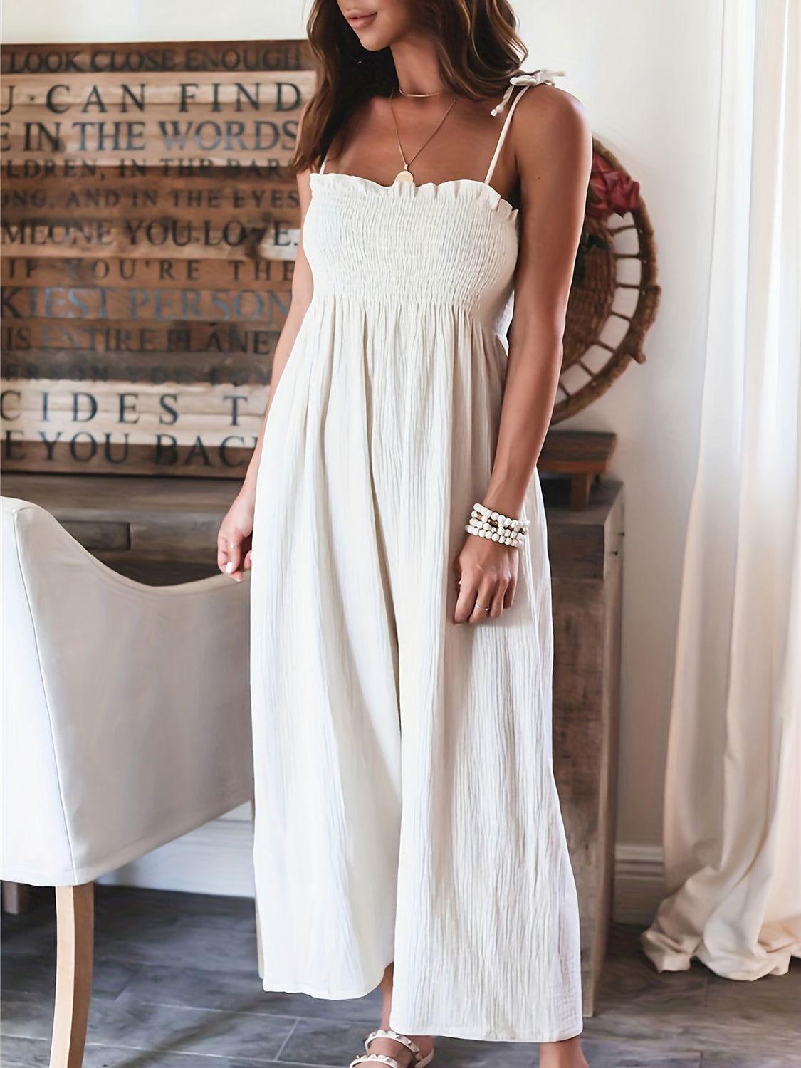 Full Size Smocked Spaghetti Strap Wide Leg Jumpsuit - Clothes For Her Online Store