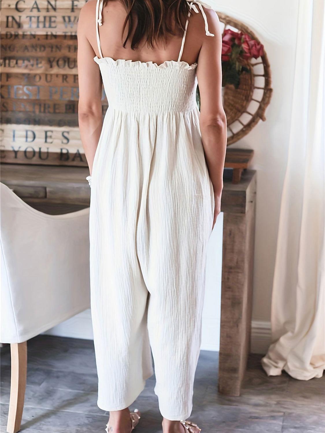 Full Size Smocked Spaghetti Strap Wide Leg Jumpsuit - Clothes For Her Online Store