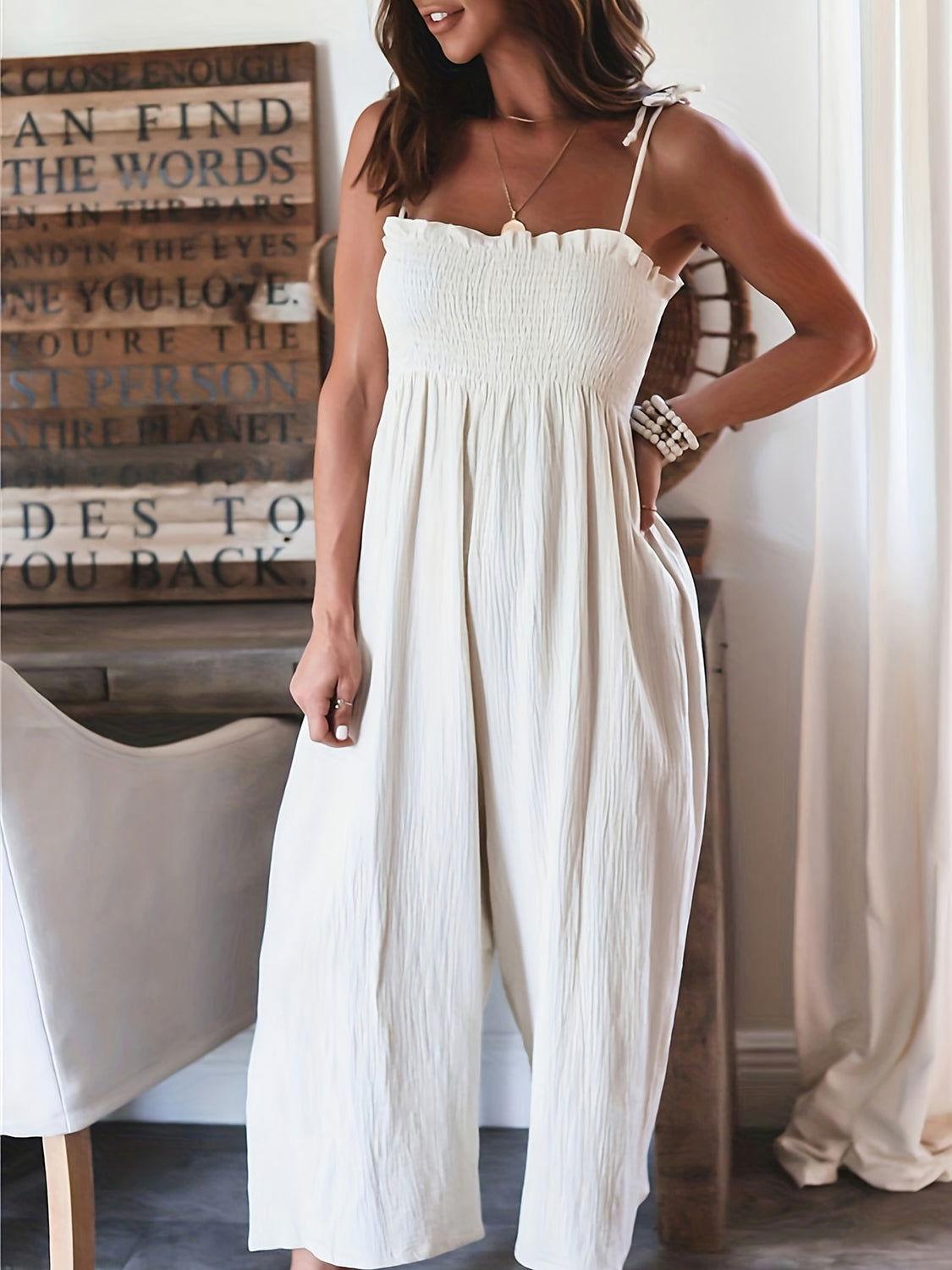 Full Size Smocked Spaghetti Strap Wide Leg Jumpsuit - Clothes For Her Online Store