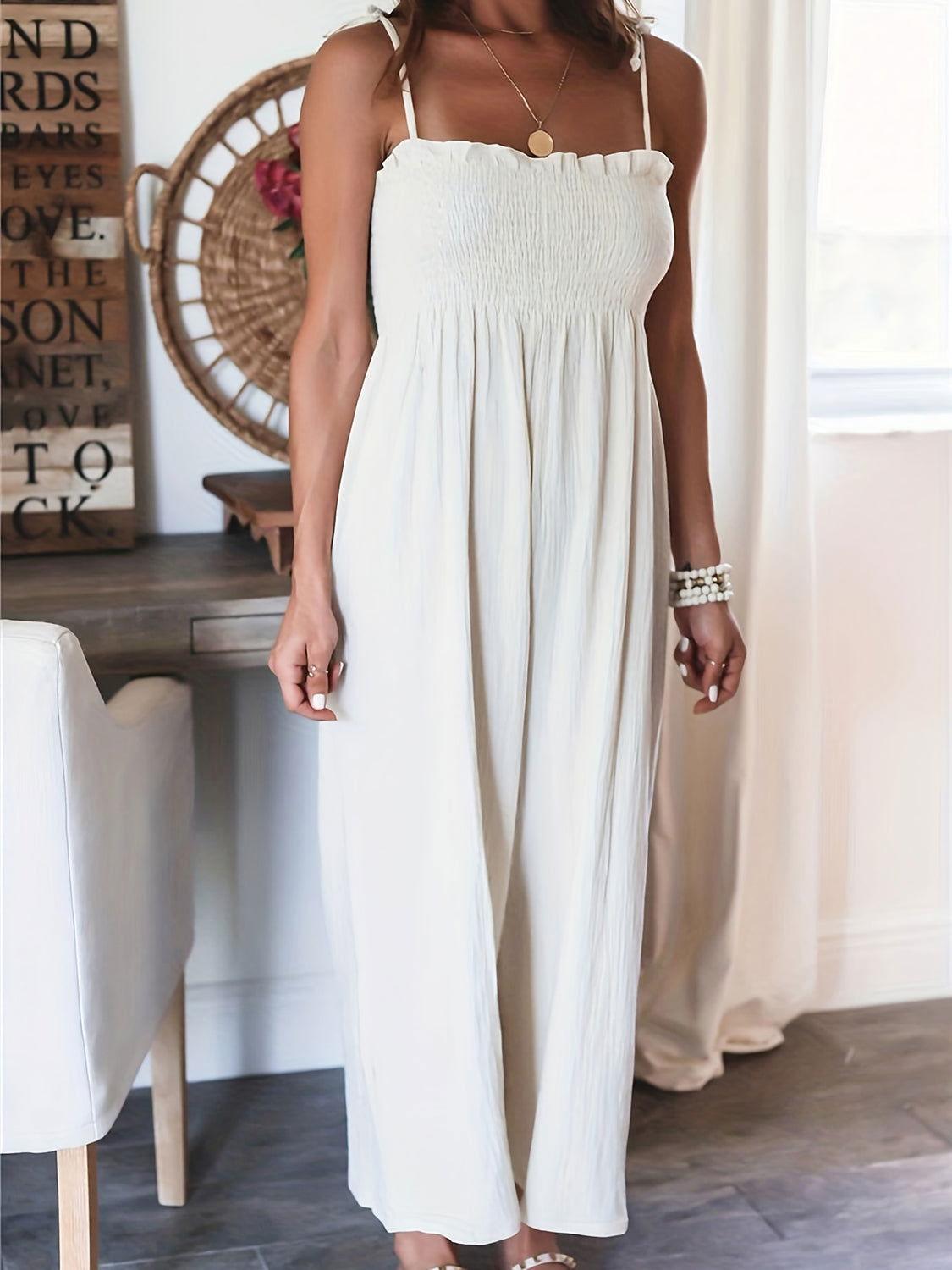 Full Size Smocked Spaghetti Strap Wide Leg Jumpsuit - Clothes For Her Online Store
