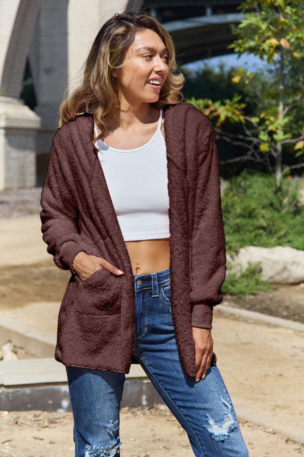 Full Size Teddy Hooded Jacket with Pockets - Clothes For Her Online Store