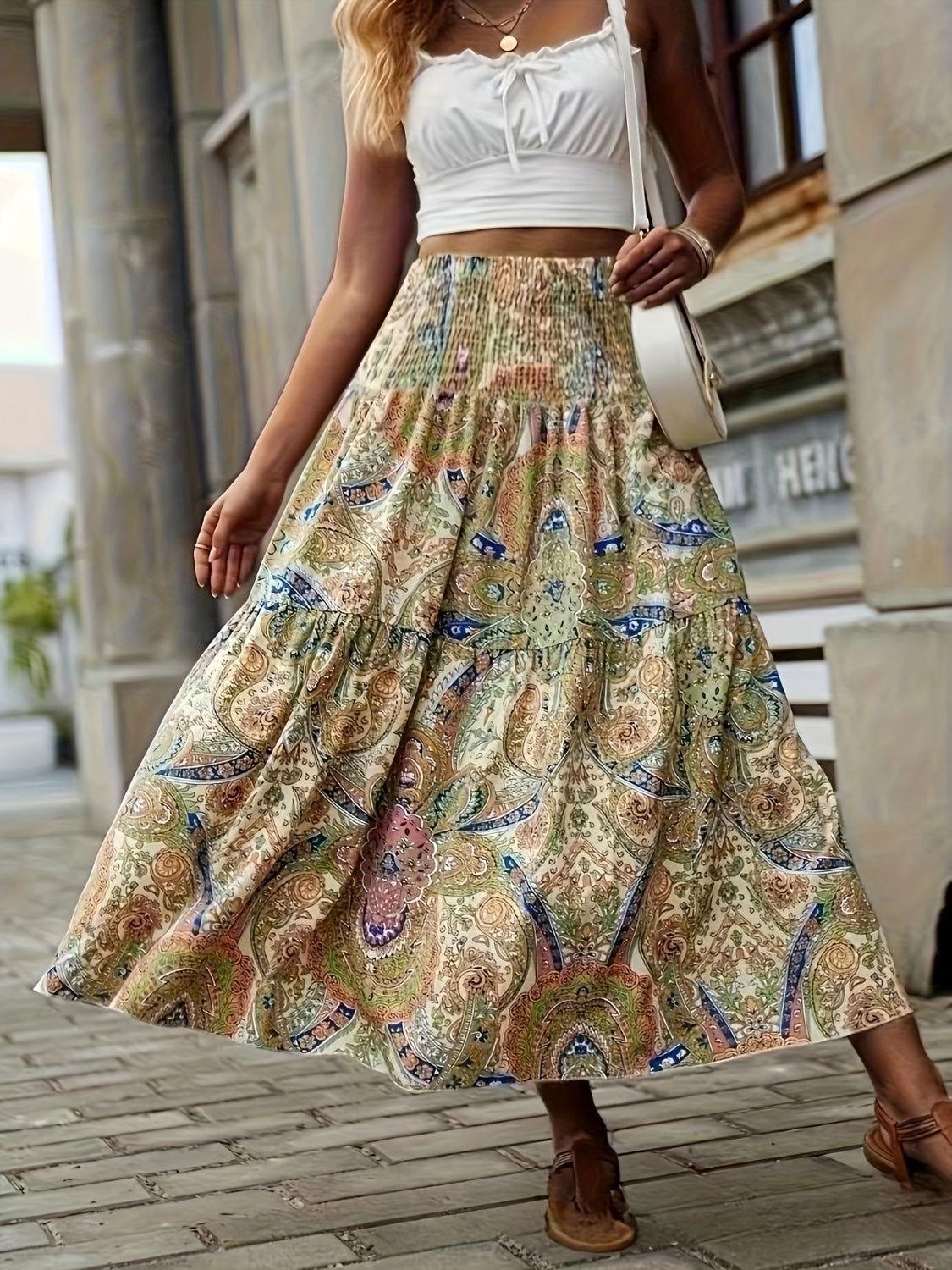 Full Size Tiered Smocked Printed High Waist Skirt - Clothes For Her Online Store
