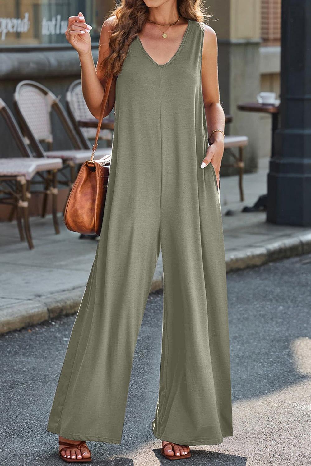 Full Size V-Neck Wide Strap Jumpsuit - Clothes For Her Online Store