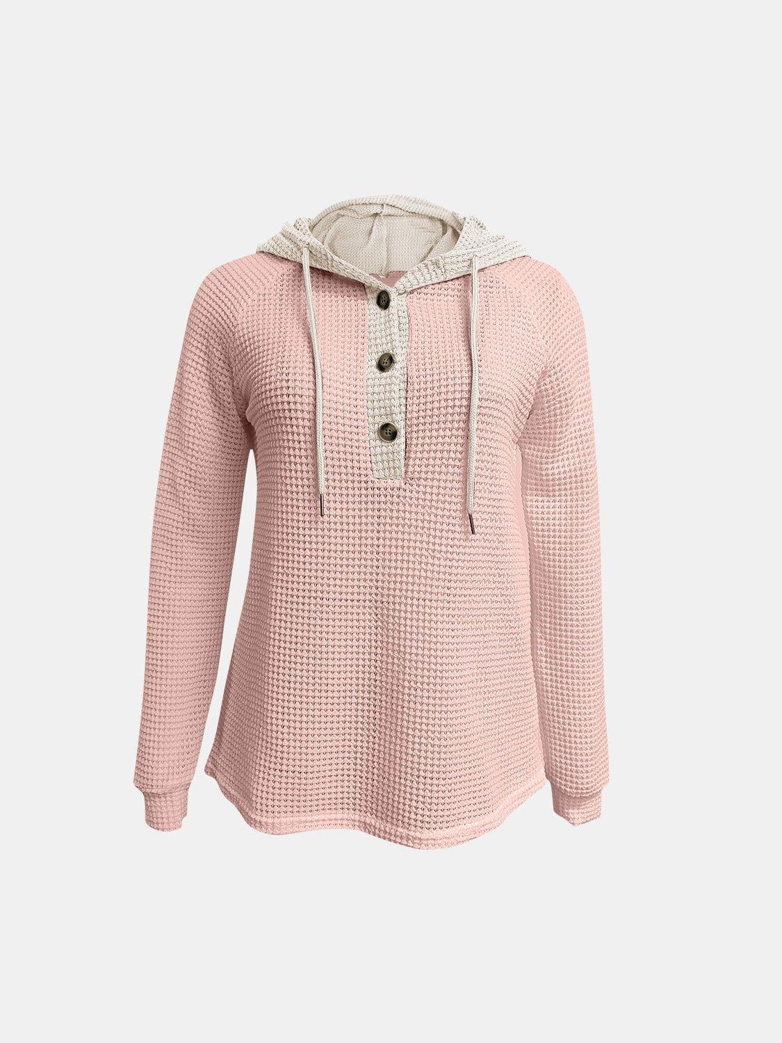 Full Size Waffle-Knit Contrast Long Sleeve Hoodie - Clothes For Her Online Store