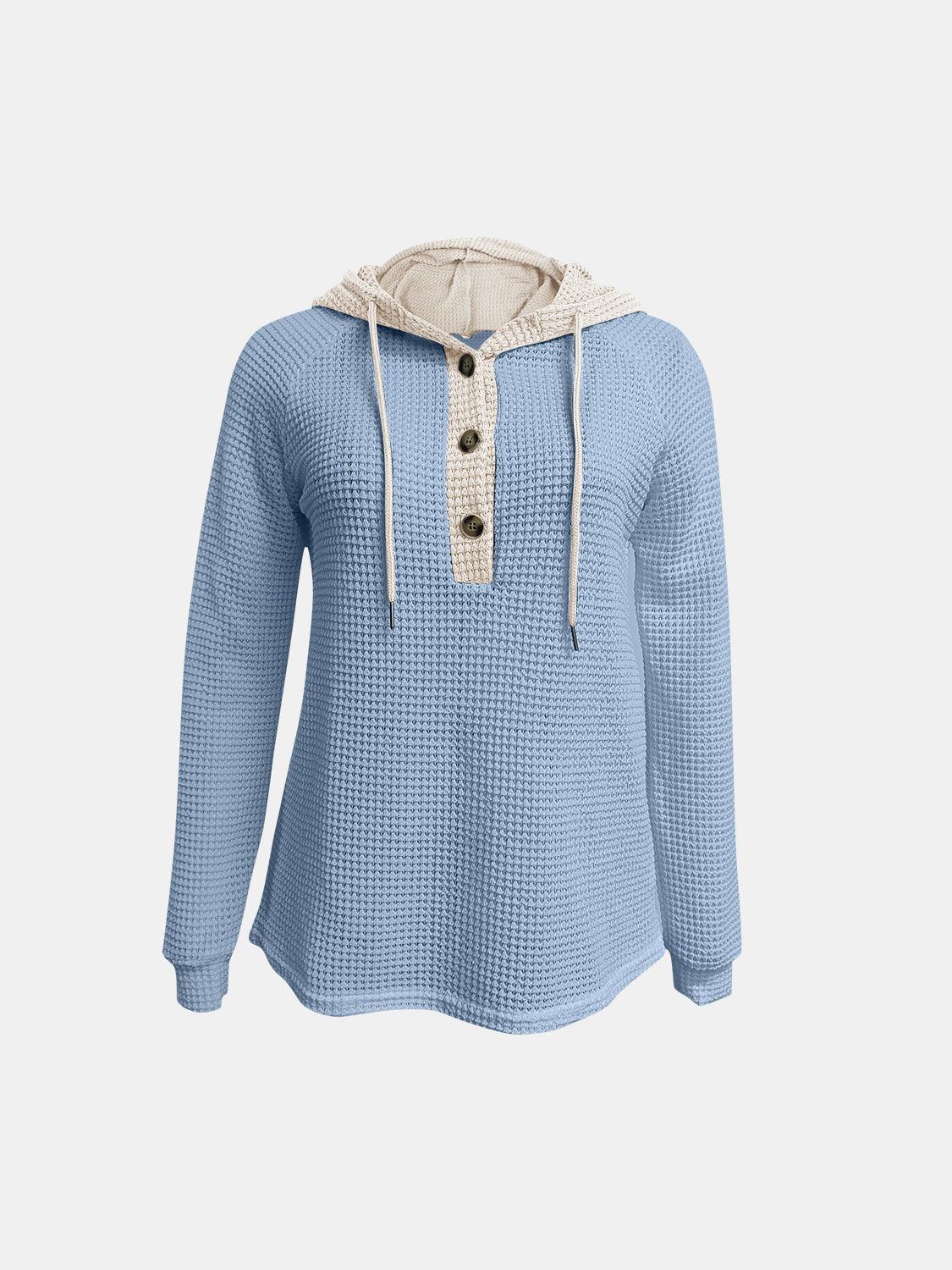 Full Size Waffle-Knit Contrast Long Sleeve Hoodie - Clothes For Her Online Store