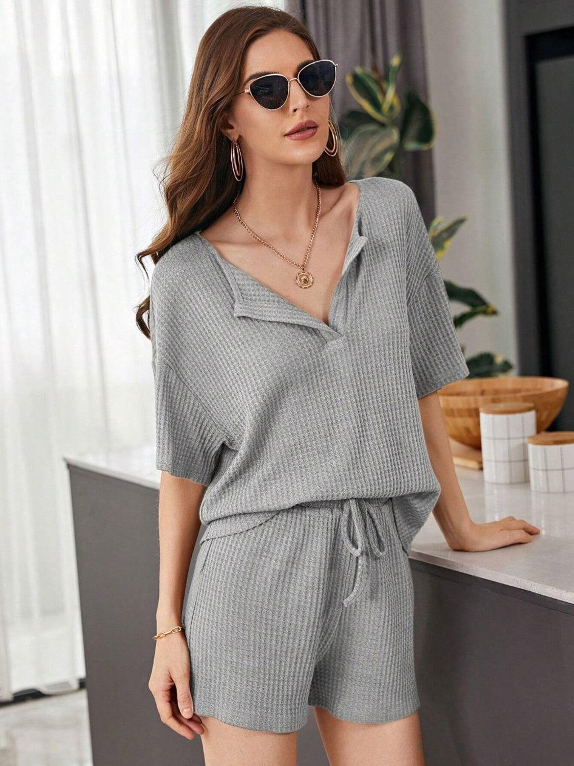Full Size Waffle-Knit Dropped Shoulder Top and Shorts Set - Clothes For Her Online Store