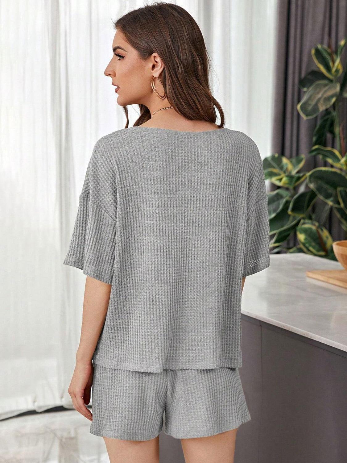 Full Size Waffle-Knit Dropped Shoulder Top and Shorts Set - Clothes For Her Online Store