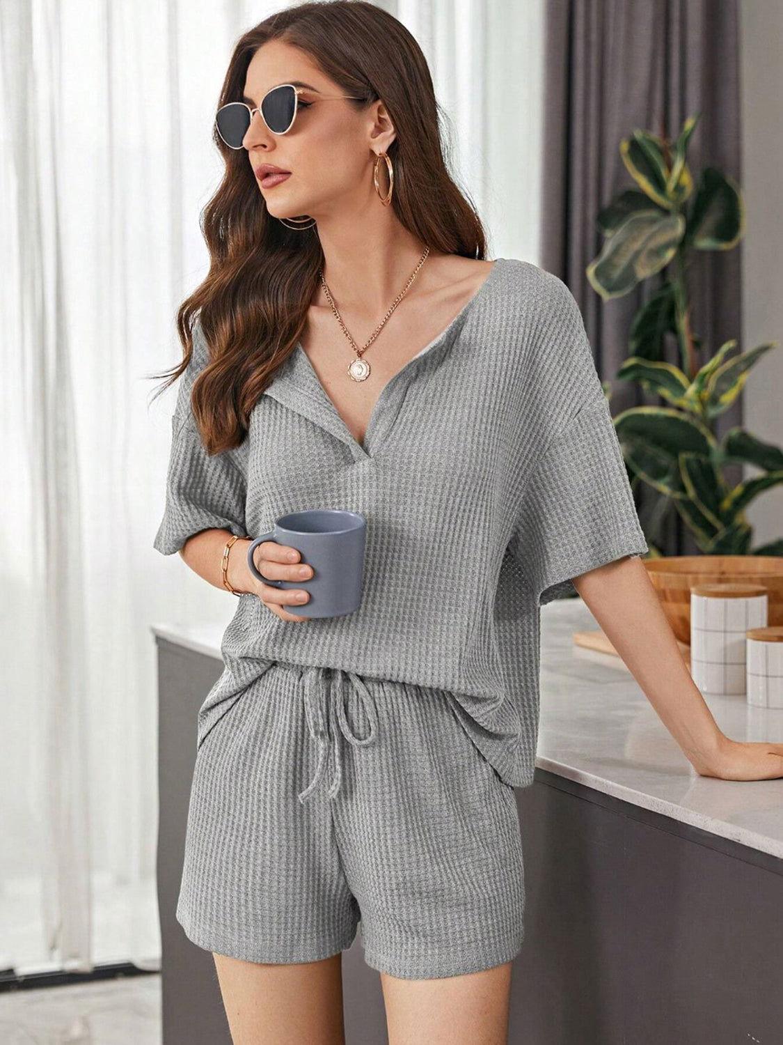 Full Size Waffle-Knit Dropped Shoulder Top and Shorts Set - Clothes For Her Online Store