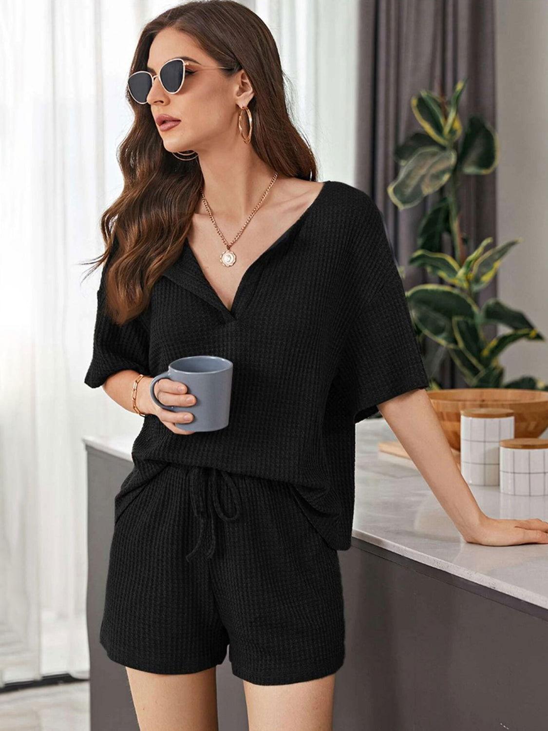 Full Size Waffle-Knit Dropped Shoulder Top and Shorts Set - Clothes For Her Online Store