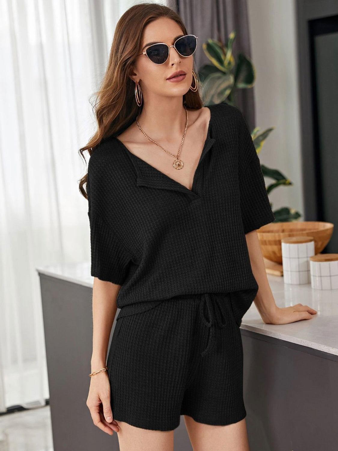 Full Size Waffle-Knit Dropped Shoulder Top and Shorts Set - Clothes For Her Online Store