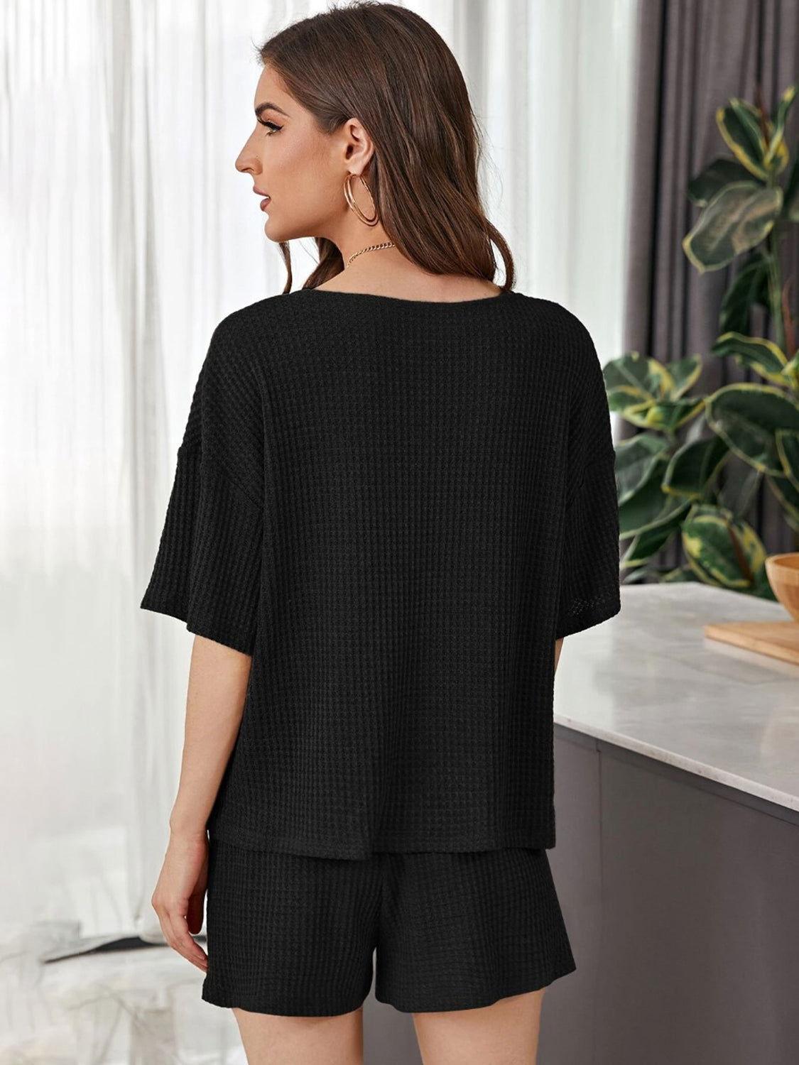 Full Size Waffle-Knit Dropped Shoulder Top and Shorts Set - Clothes For Her Online Store