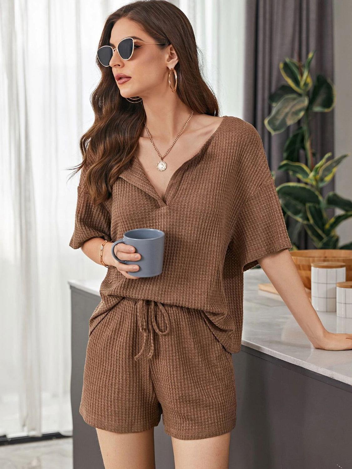 Full Size Waffle-Knit Dropped Shoulder Top and Shorts Set - Clothes For Her Online Store