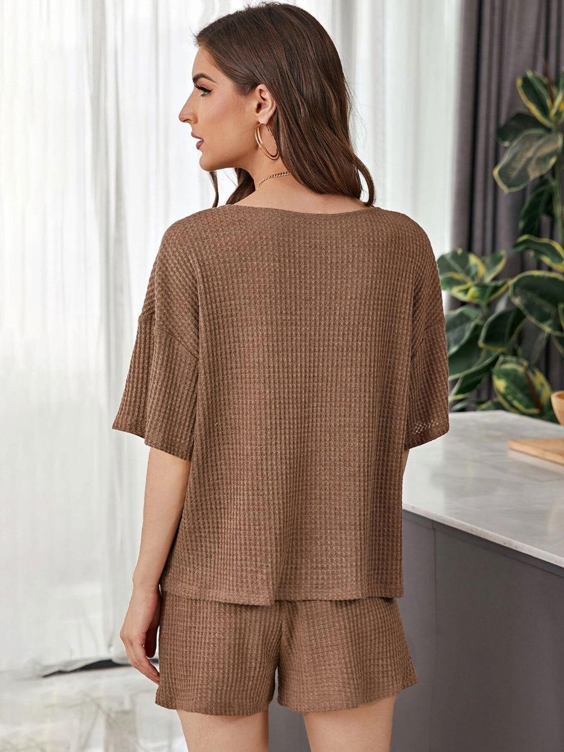 Full Size Waffle-Knit Dropped Shoulder Top and Shorts Set - Clothes For Her Online Store