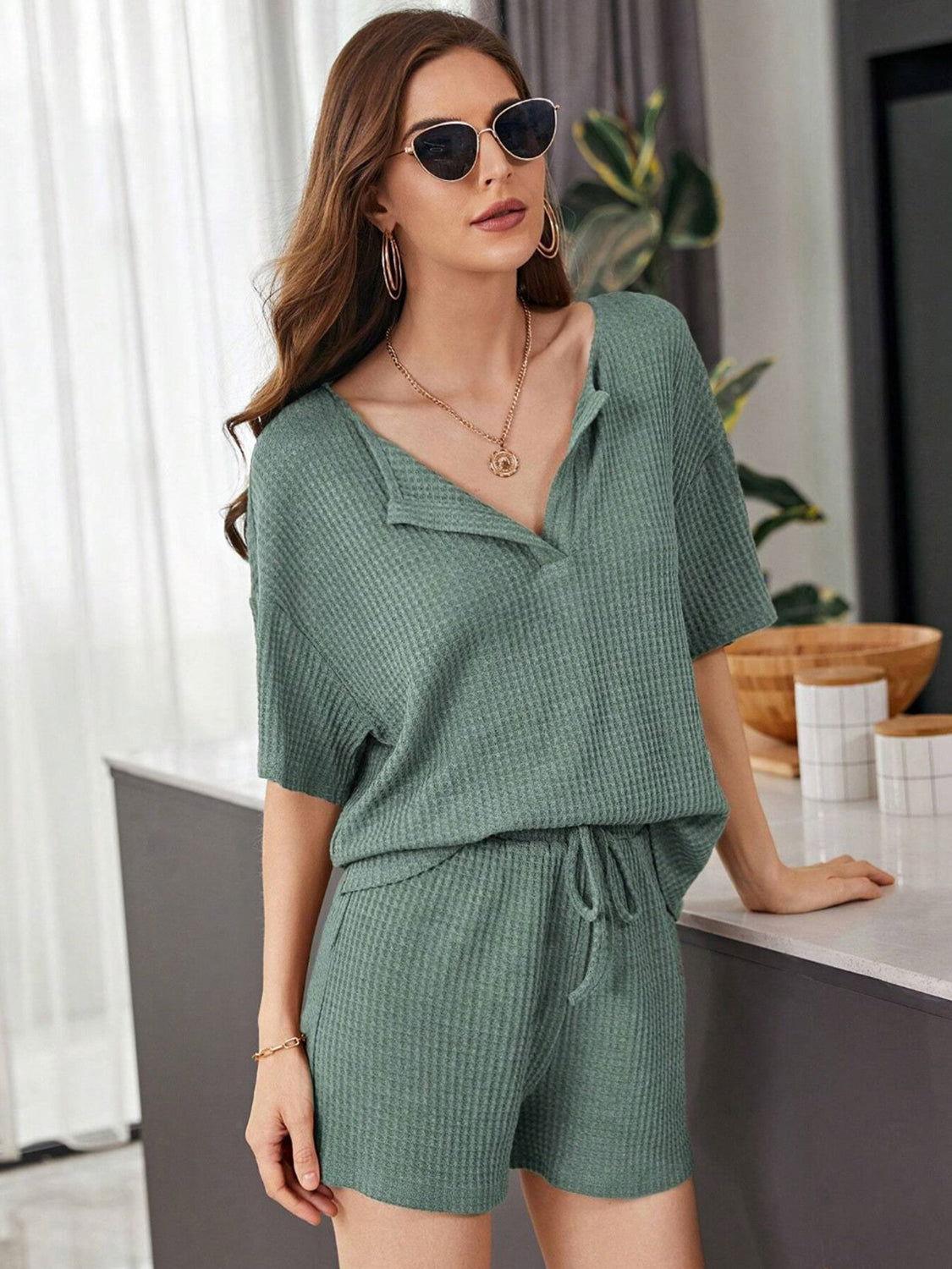 Full Size Waffle-Knit Dropped Shoulder Top and Shorts Set - Clothes For Her Online Store