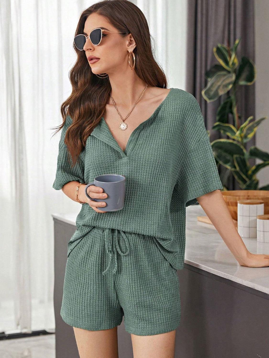 Full Size Waffle-Knit Dropped Shoulder Top and Shorts Set - Clothes For Her Online Store
