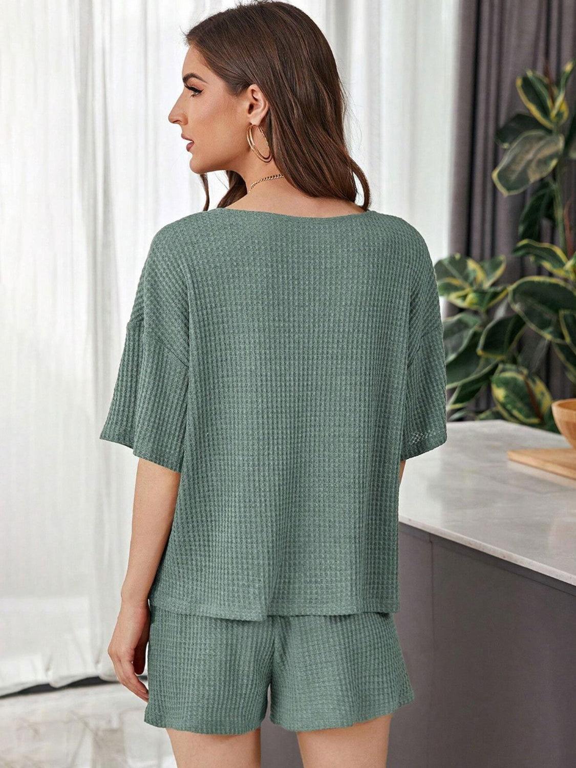 Full Size Waffle-Knit Dropped Shoulder Top and Shorts Set - Clothes For Her Online Store