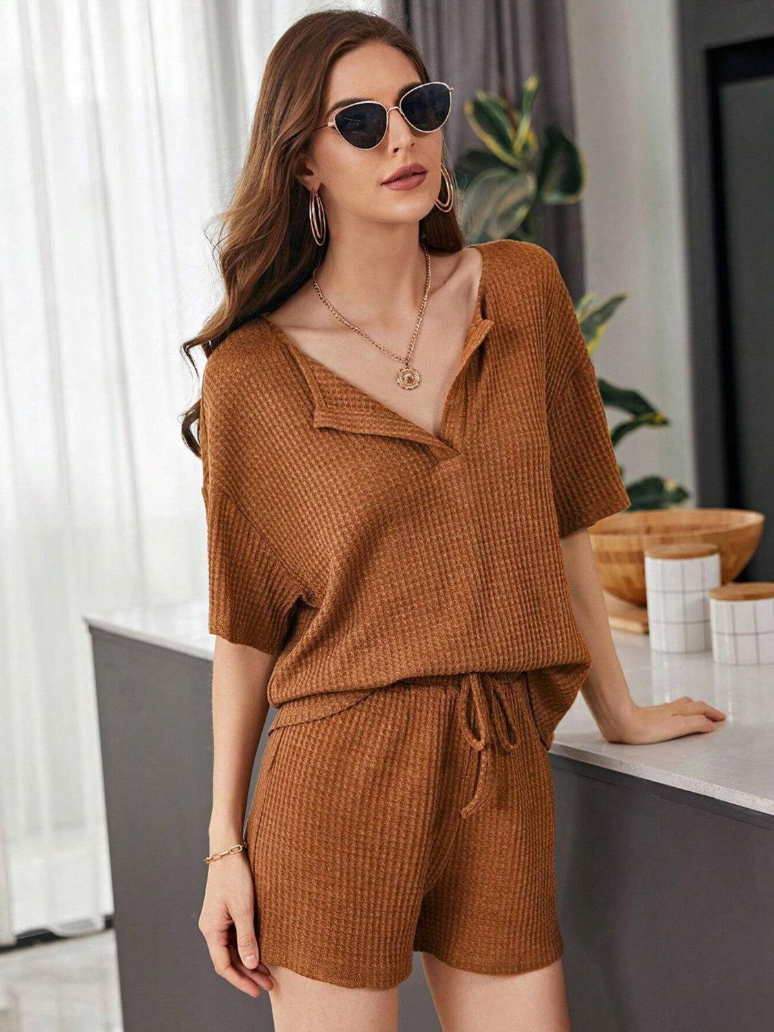 Full Size Waffle-Knit Dropped Shoulder Top and Shorts Set - Clothes For Her Online Store