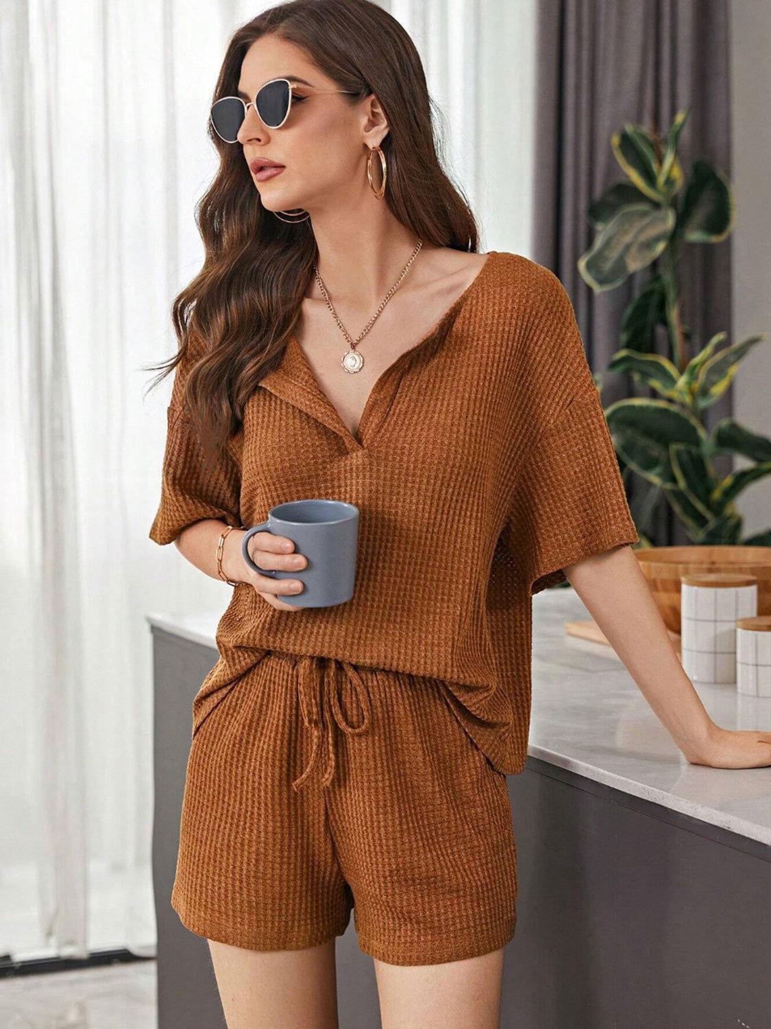 Full Size Waffle-Knit Dropped Shoulder Top and Shorts Set - Clothes For Her Online Store