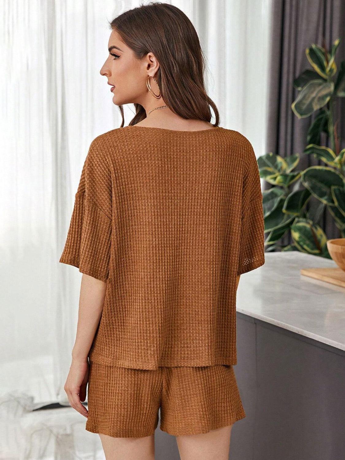 Full Size Waffle-Knit Dropped Shoulder Top and Shorts Set - Clothes For Her Online Store