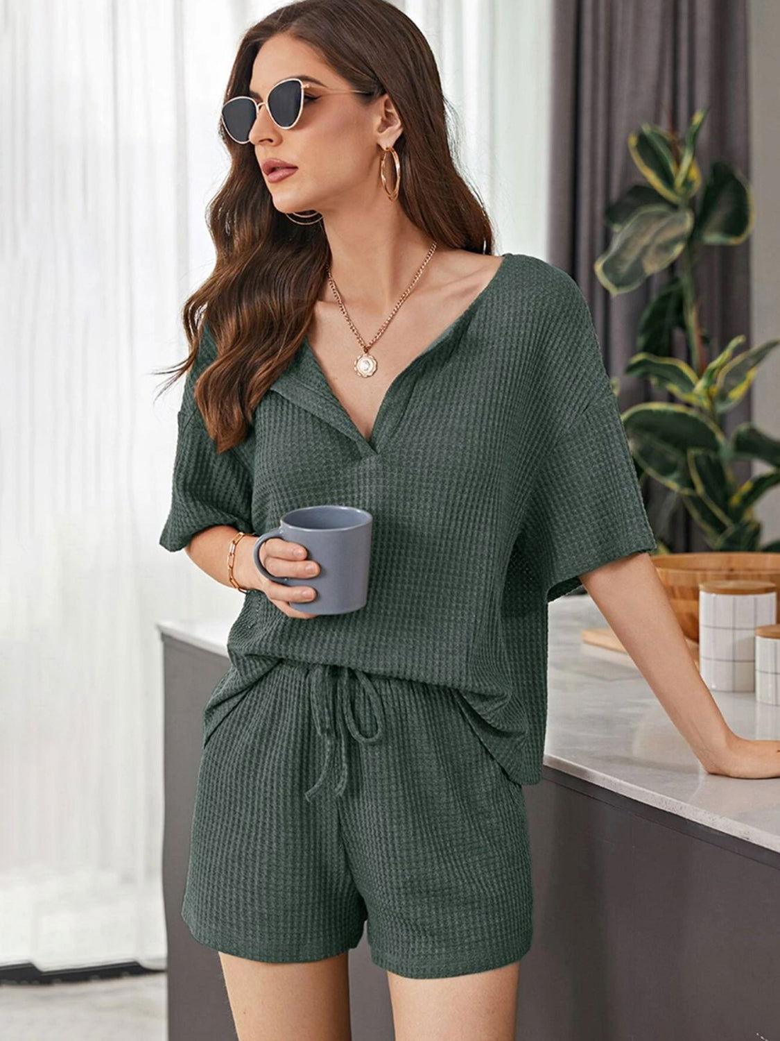 Full Size Waffle-Knit Dropped Shoulder Top and Shorts Set - Clothes For Her Online Store
