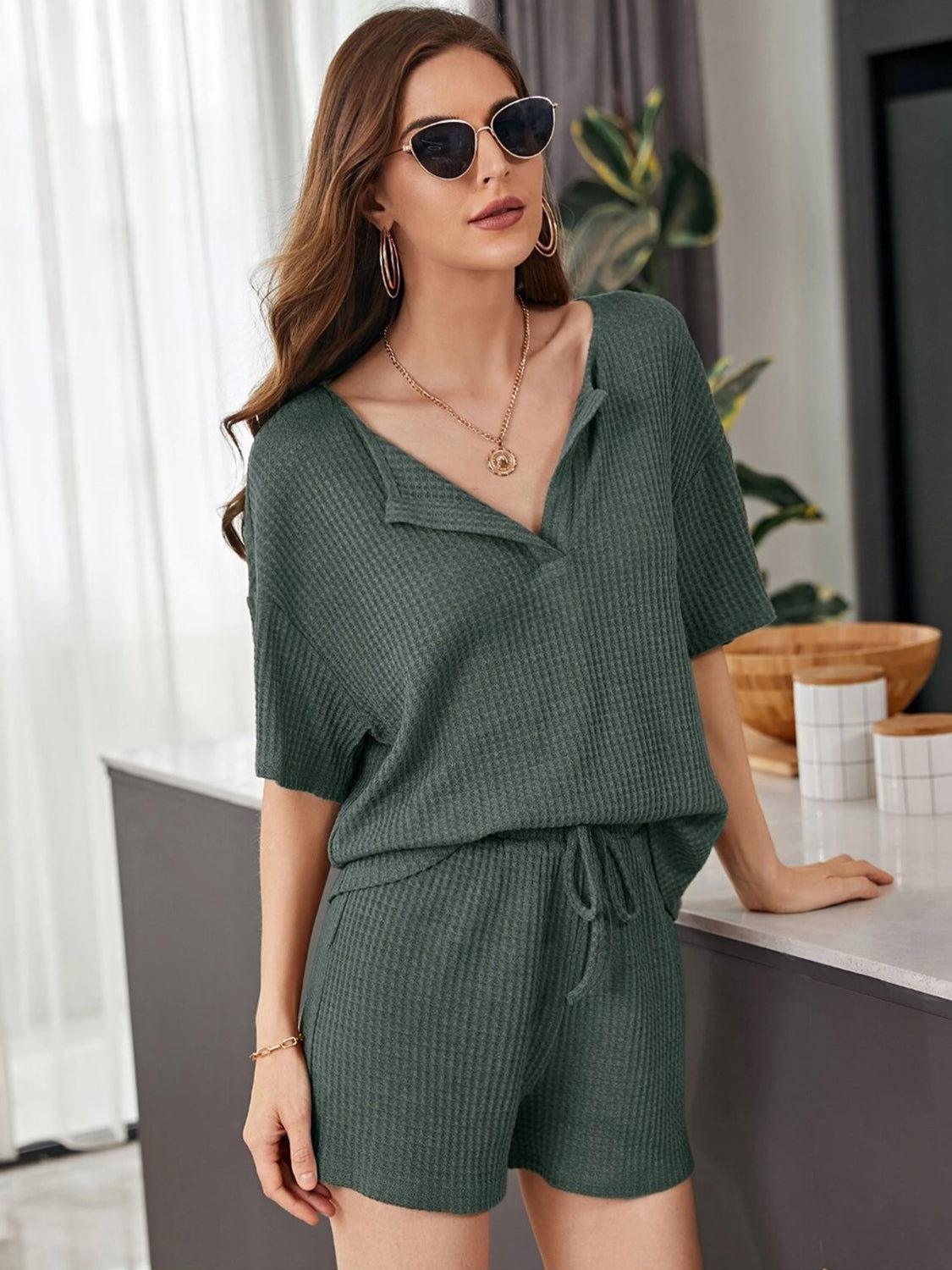 Full Size Waffle-Knit Dropped Shoulder Top and Shorts Set - Clothes For Her Online Store
