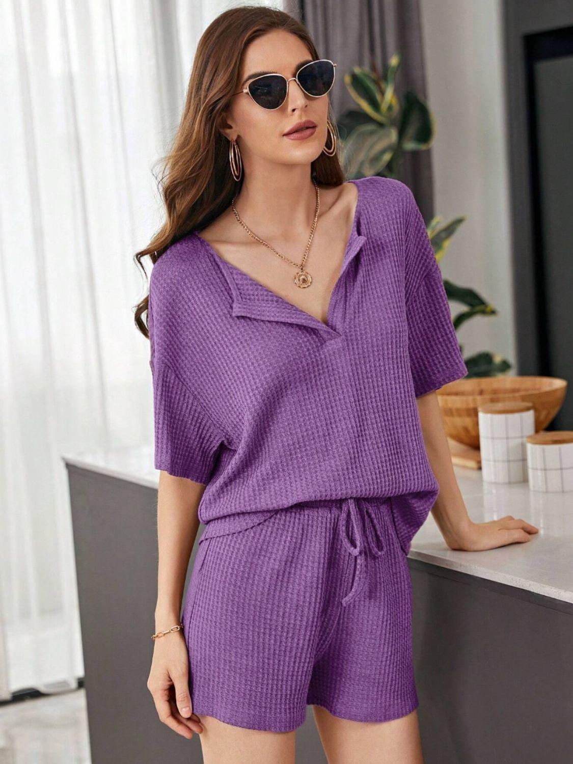 Full Size Waffle-Knit Dropped Shoulder Top and Shorts Set - Clothes For Her Online Store