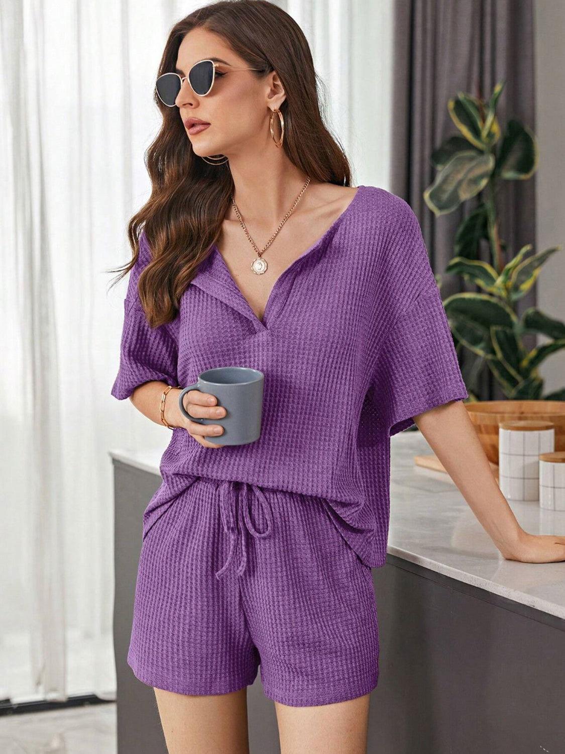 Full Size Waffle-Knit Dropped Shoulder Top and Shorts Set - Clothes For Her Online Store