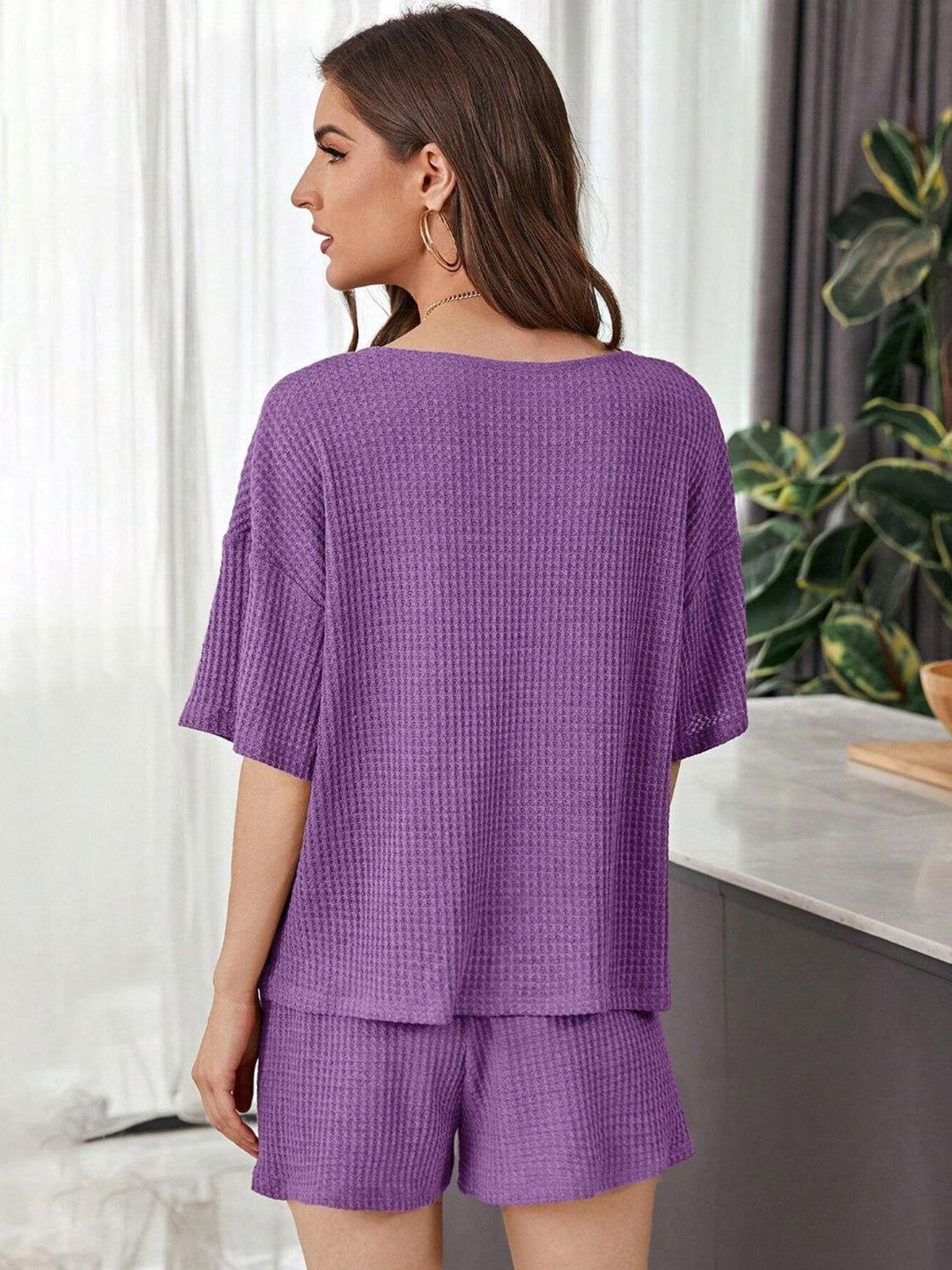 Full Size Waffle-Knit Dropped Shoulder Top and Shorts Set - Clothes For Her Online Store