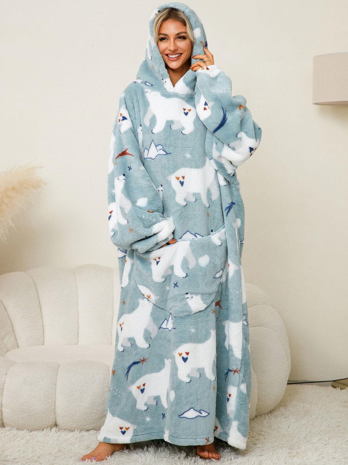 Fuzzy Pocketed Long Sleeve Hooded Lounge Dress - Clothes For Her Online Store