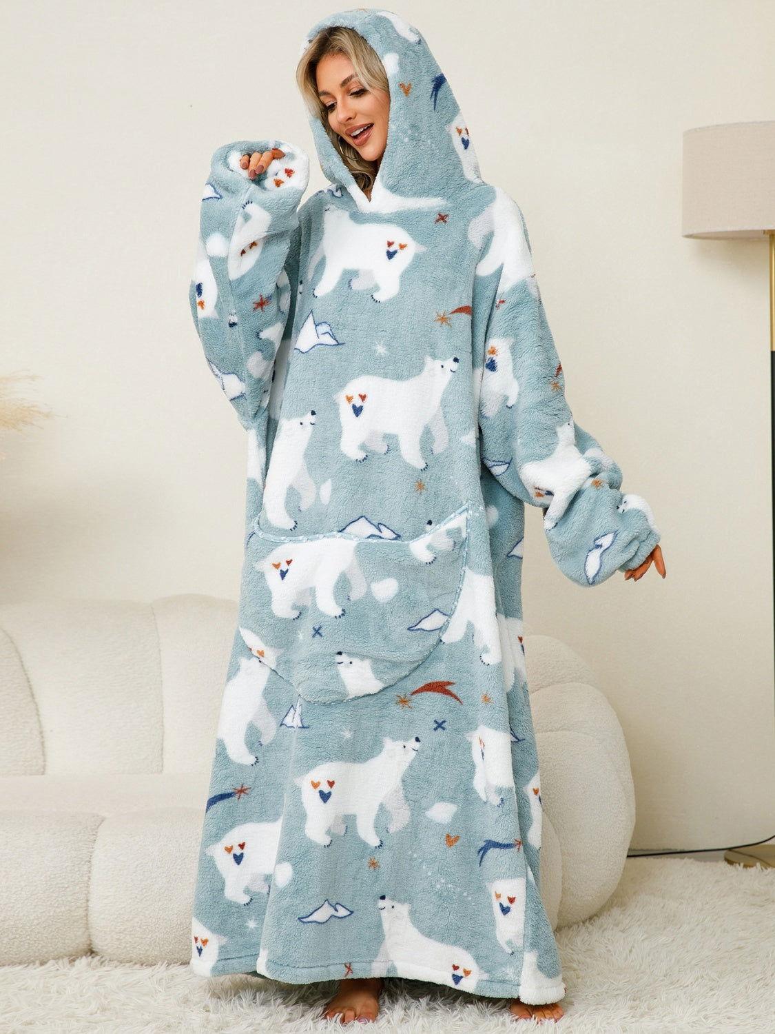 Fuzzy Pocketed Long Sleeve Hooded Lounge Dress - Clothes For Her Online Store