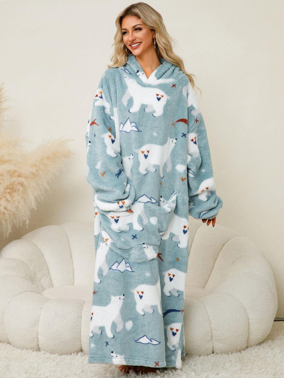 Fuzzy Pocketed Long Sleeve Hooded Lounge Dress - Clothes For Her Online Store