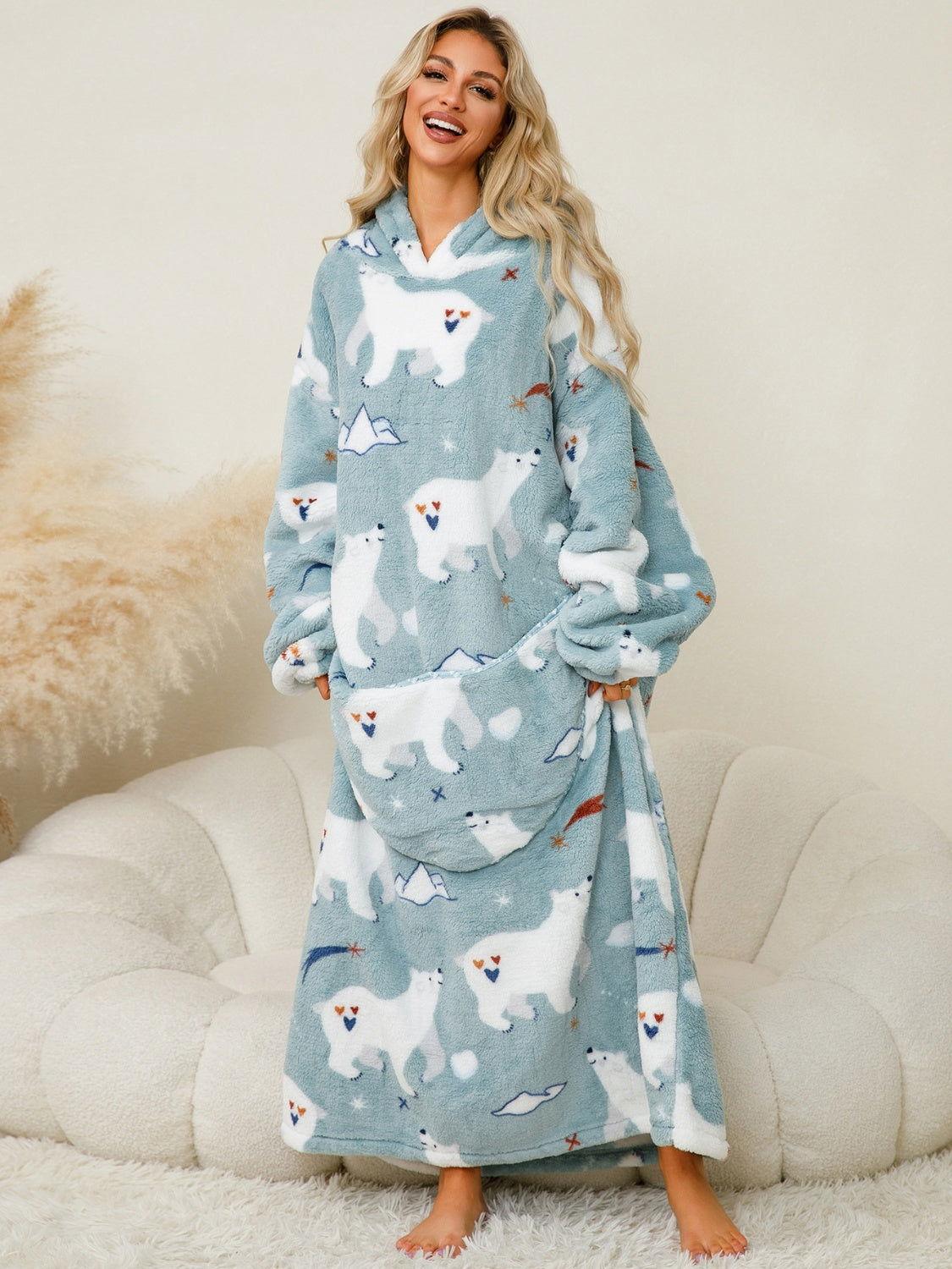 Fuzzy Pocketed Long Sleeve Hooded Lounge Dress - Clothes For Her Online Store