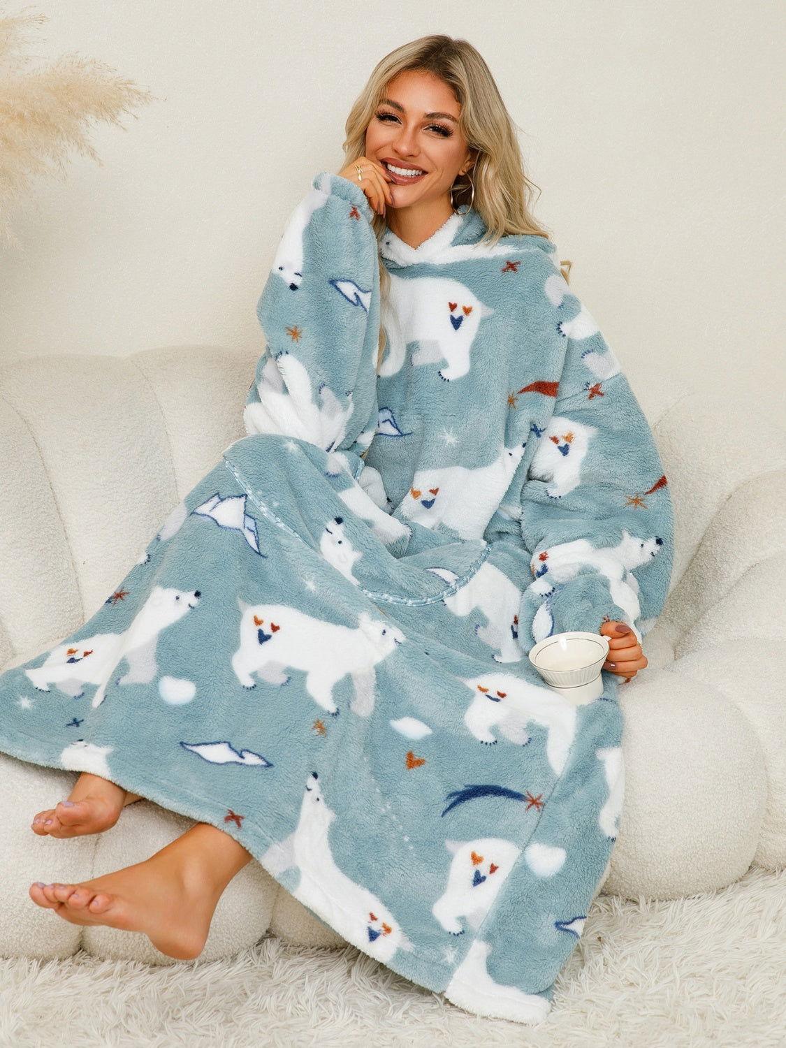 Fuzzy Pocketed Long Sleeve Hooded Lounge Dress - Clothes For Her Online Store