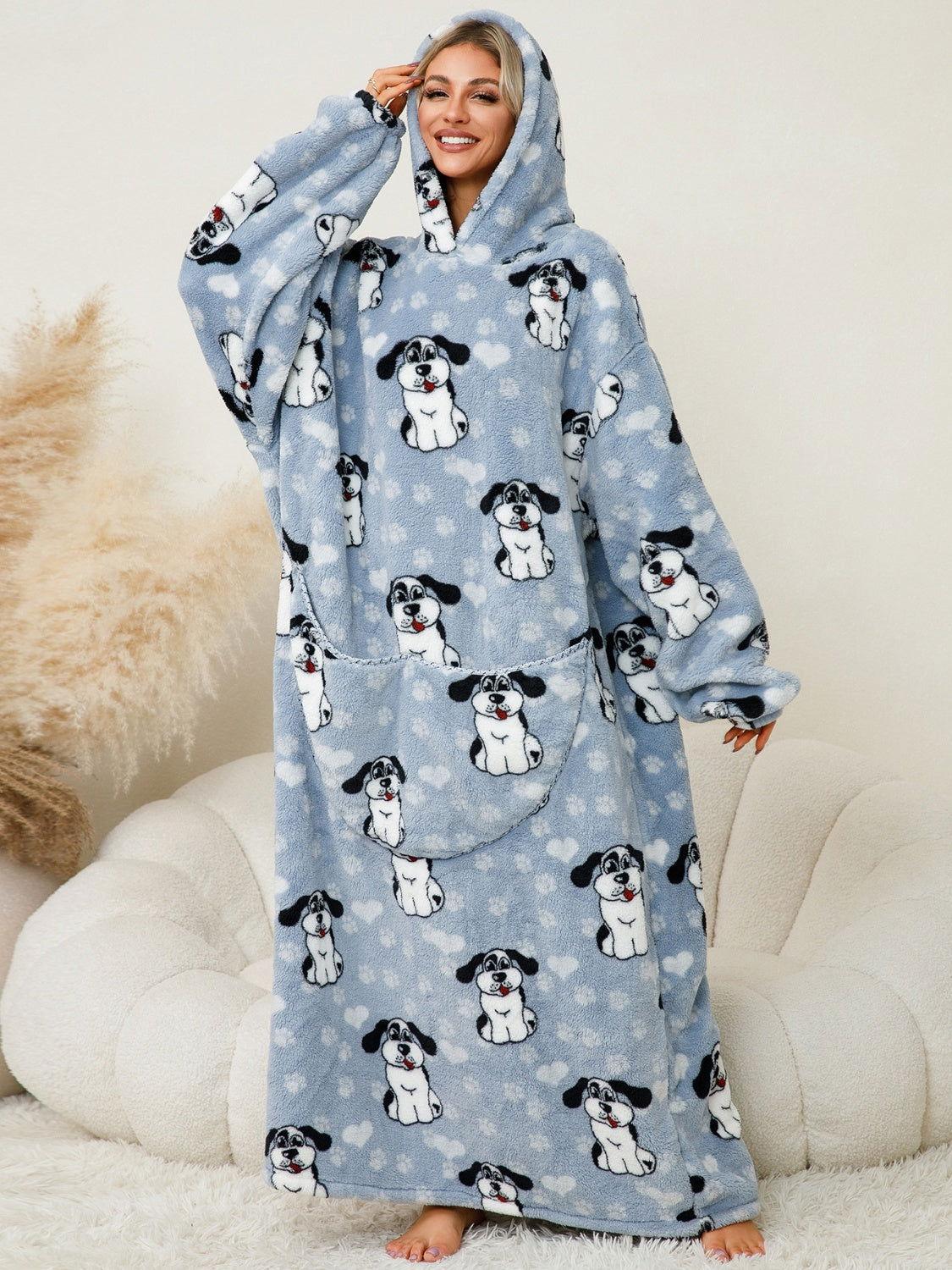 Fuzzy Pocketed Long Sleeve Hooded Lounge Dress - Clothes For Her Online Store