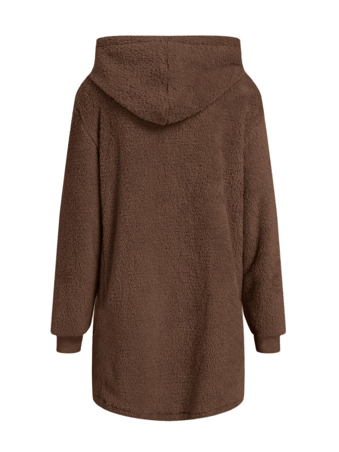 Fuzzy Pocketed Zip Up Long Sleeve Hooded Jacket - Clothes For Her Online Store