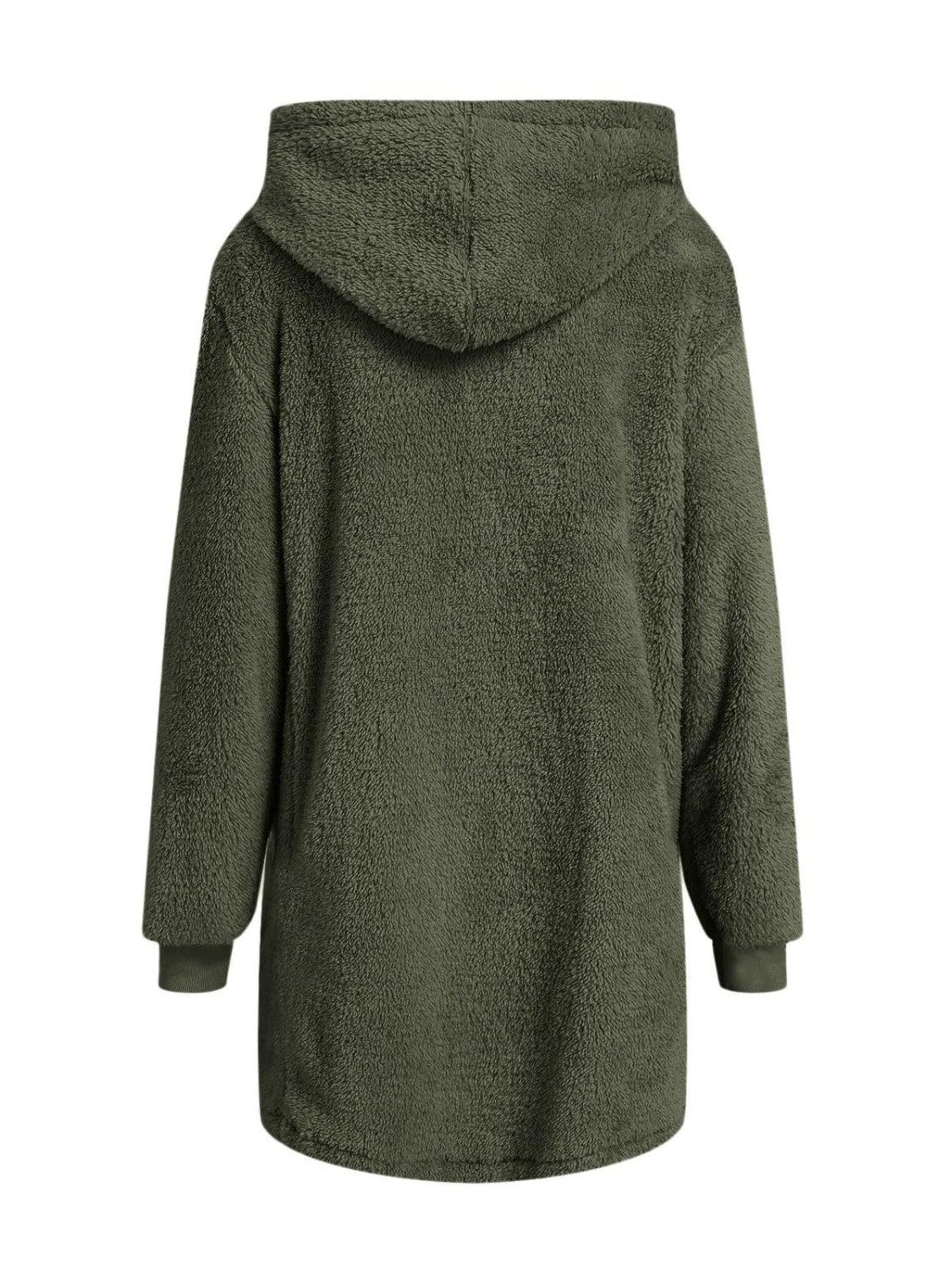 Fuzzy Pocketed Zip Up Long Sleeve Hooded Jacket - Clothes For Her Online Store