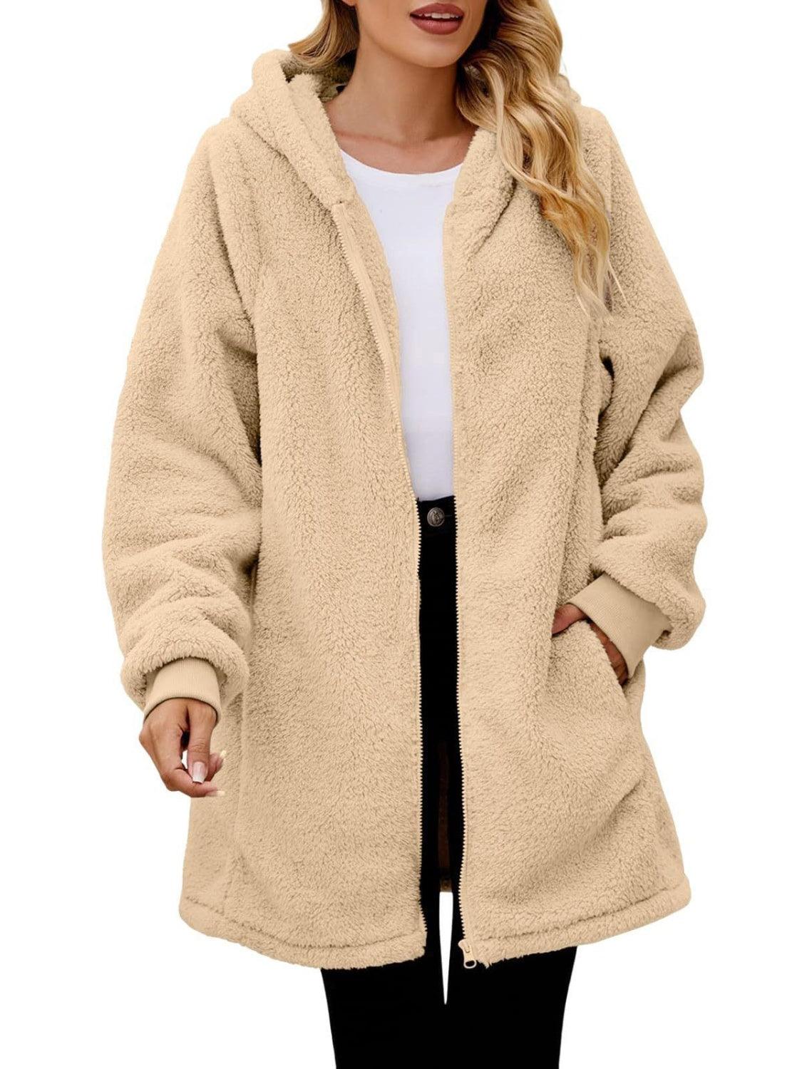 Fuzzy Pocketed Zip Up Long Sleeve Hooded Jacket - Clothes For Her Online Store
