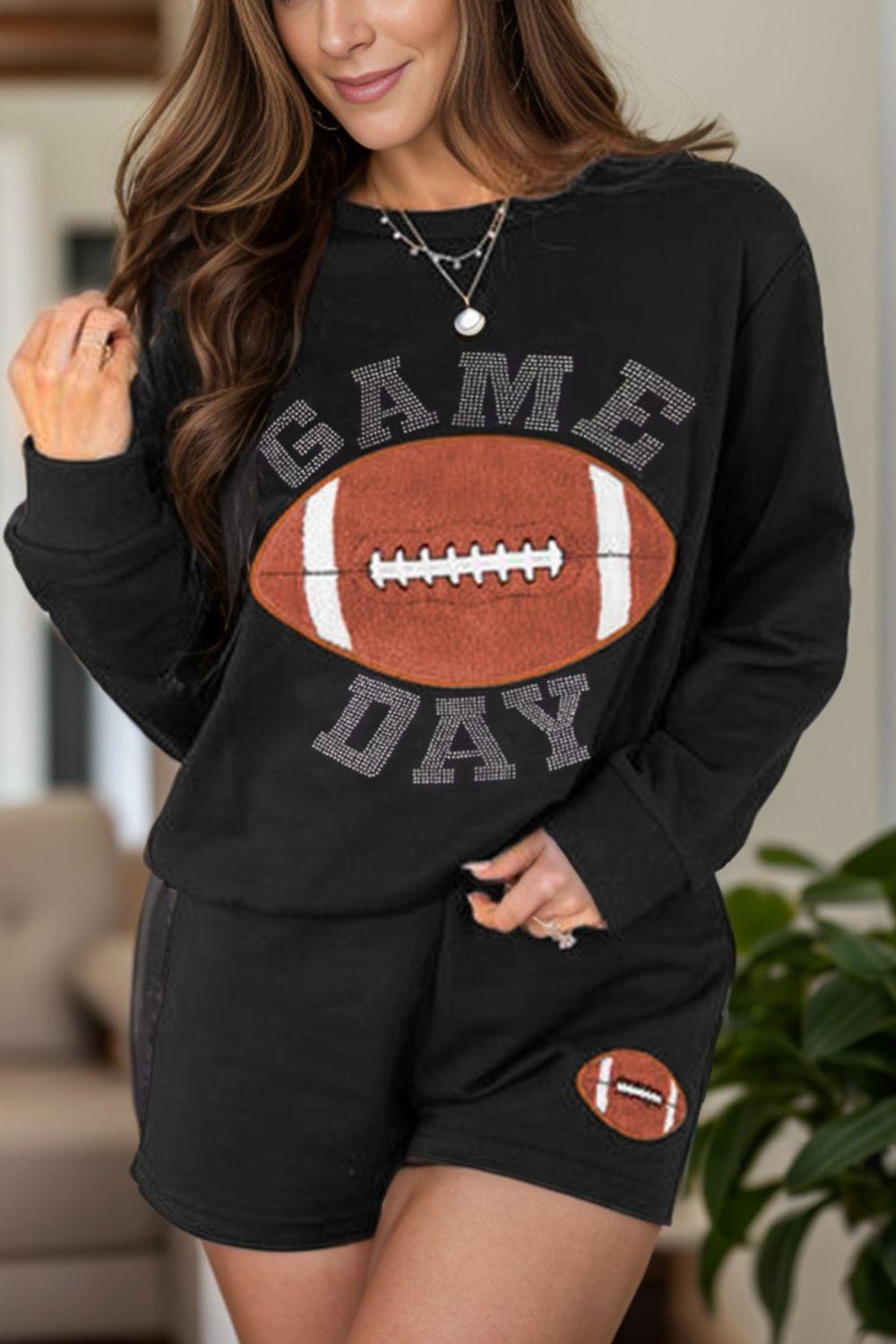 GAME DAY Football Round Neck Long Sleeve Top and Shorts Set - Clothes For Her Online Store