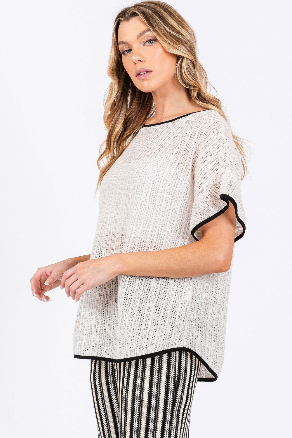 GeeGee Contrast Trim Short Sleeve Knit Cover Up - Clothes For Her Online Store