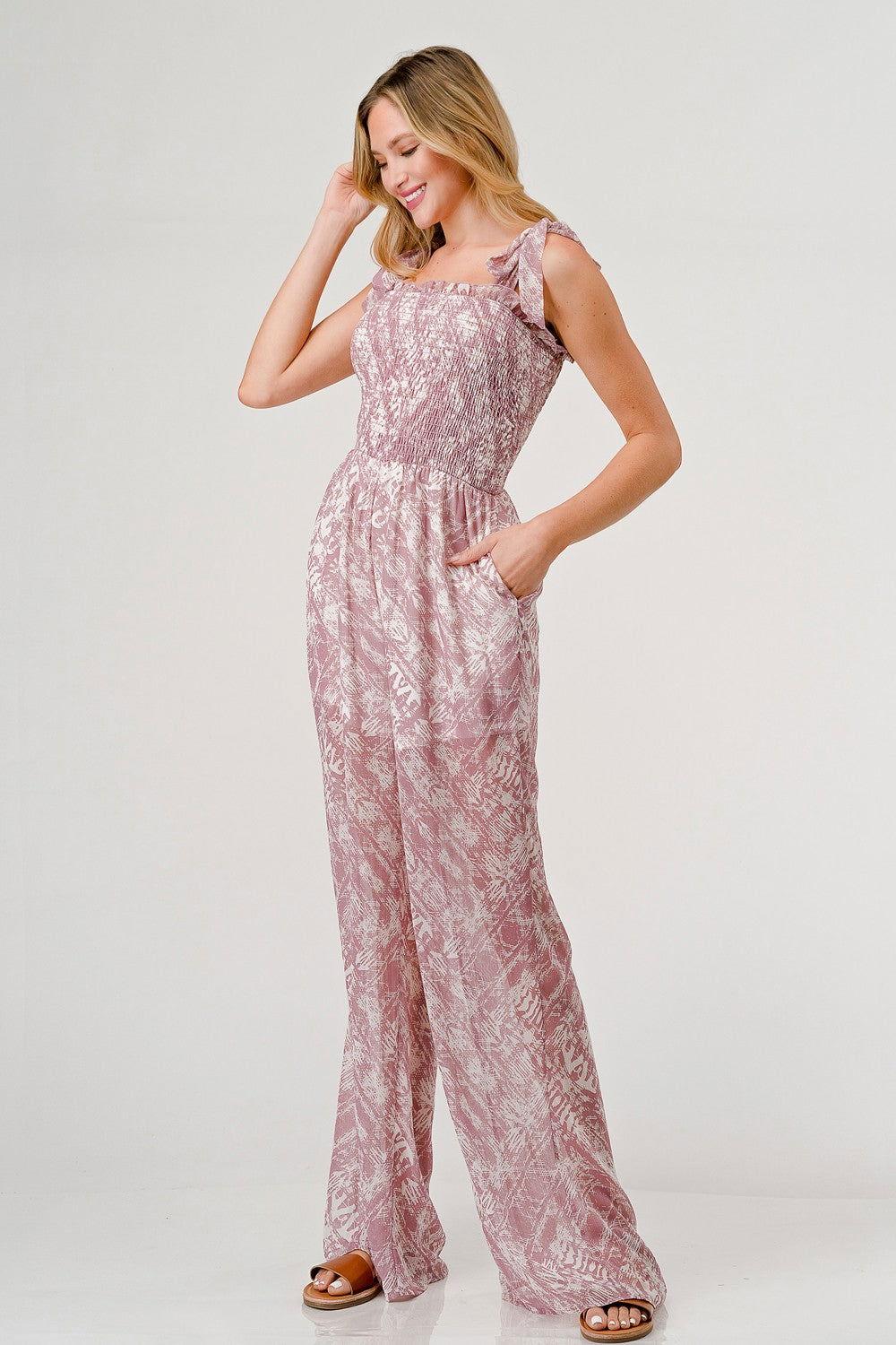 GeeGee Printed Tie Shoulder Wide Leg Jumpsuit - Clothes For Her Online Store