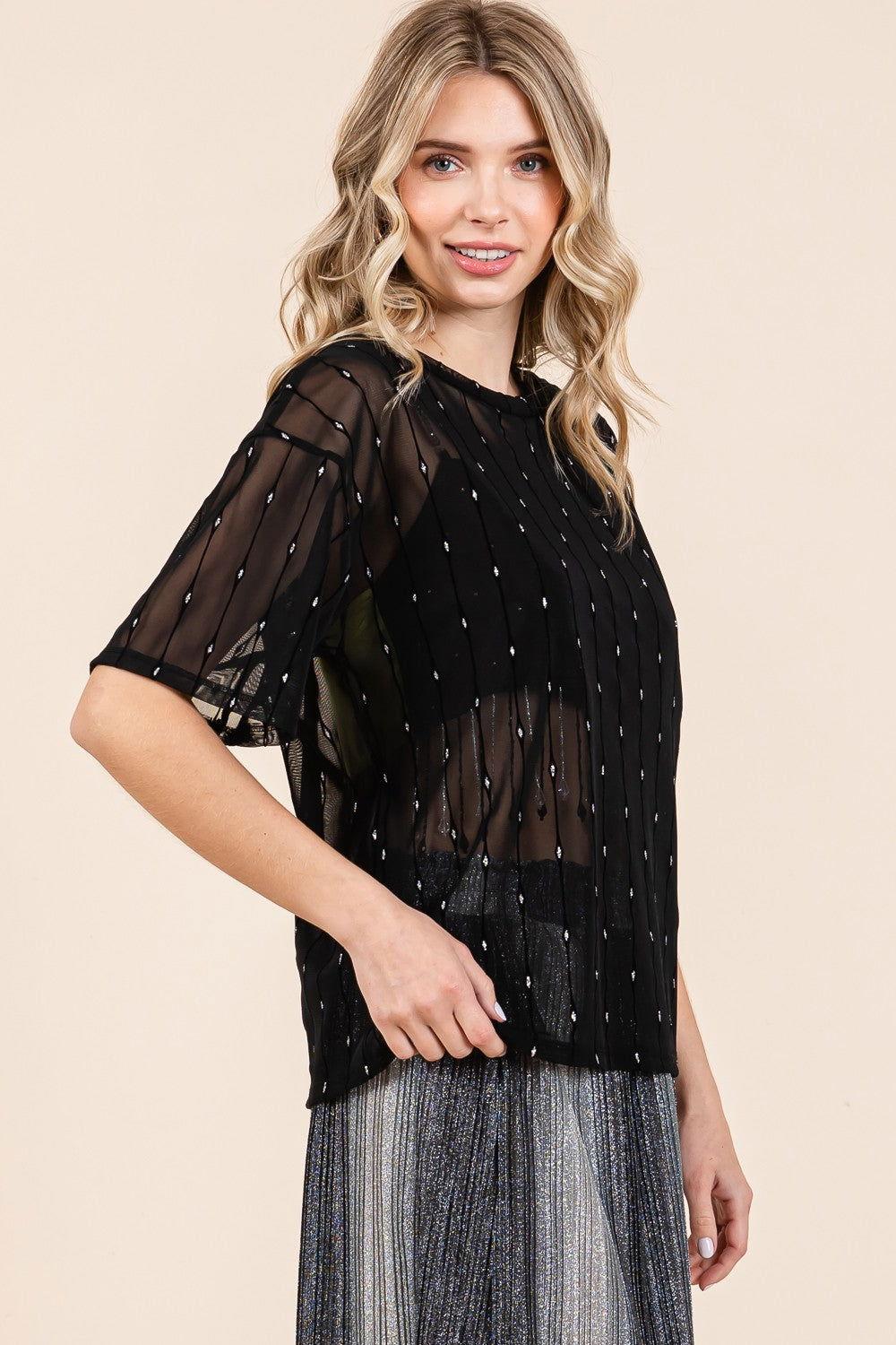 GeeGee Round Neck Drop Shoulder Mesh Glitter Top - Clothes For Her Online Store