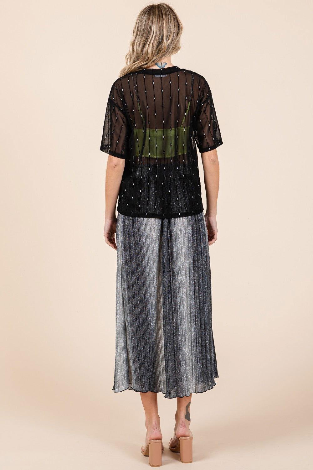 GeeGee Round Neck Drop Shoulder Mesh Glitter Top - Clothes For Her Online Store